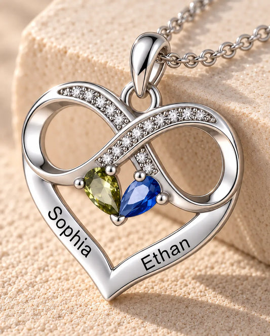 Collana Personalizzata con 2 Pietre e 2 Nomi - cuore infinito con due pietre taglio goccia, rodiata