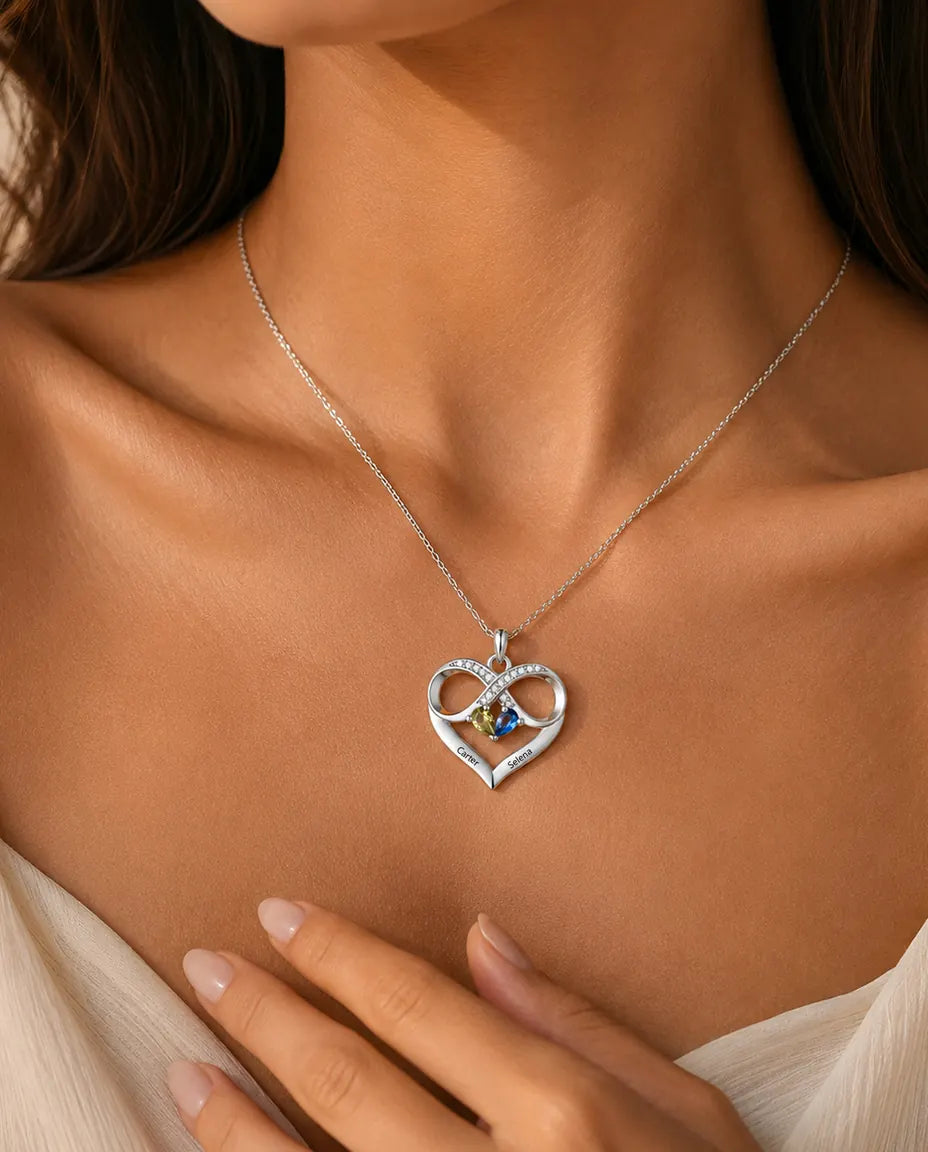 Collana Personalizzata con 2 Pietre e 2 Nomi - cuore infinito con due pietre taglio goccia, rodiata
