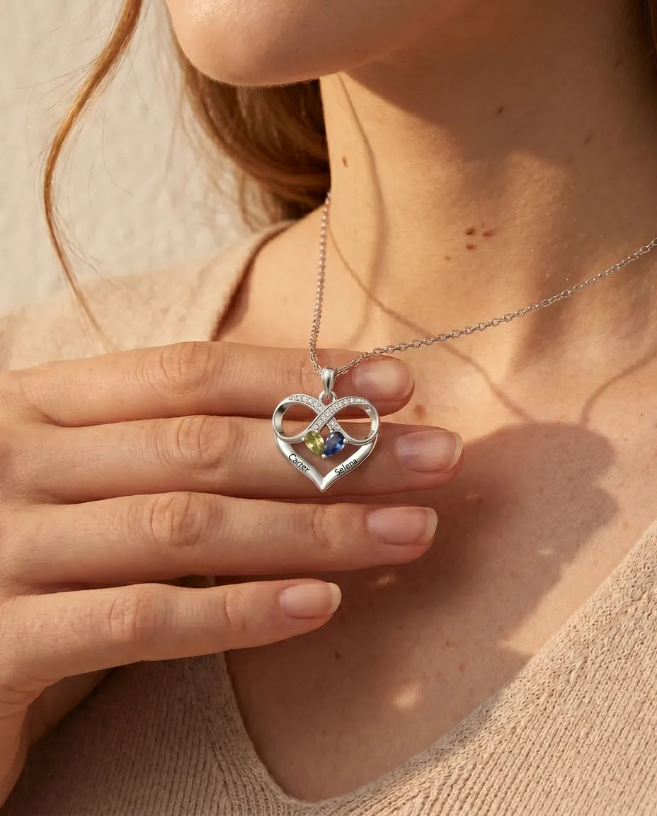Collana Personalizzata con 2 Pietre e 2 Nomi - cuore infinito con due pietre taglio goccia, rodiata