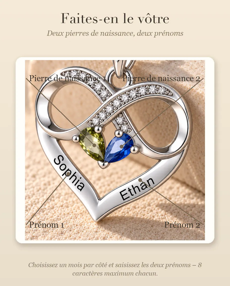 Collana Personalizzata con 2 Pietre e 2 Nomi - cuore infinito con due pietre taglio goccia, rodiata