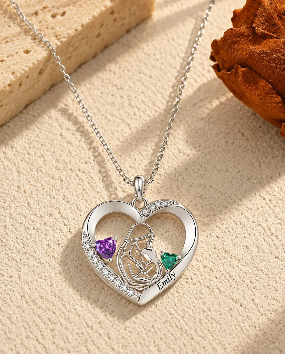 Collana Madre e Figlio Personalizzata con Nome - ciondolo cuore con due pietre portafortuna, rodiata