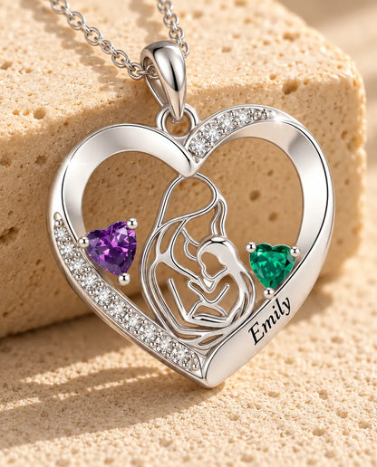 Collana Madre e Figlio Personalizzata con Nome - ciondolo cuore con due pietre portafortuna, rodiata