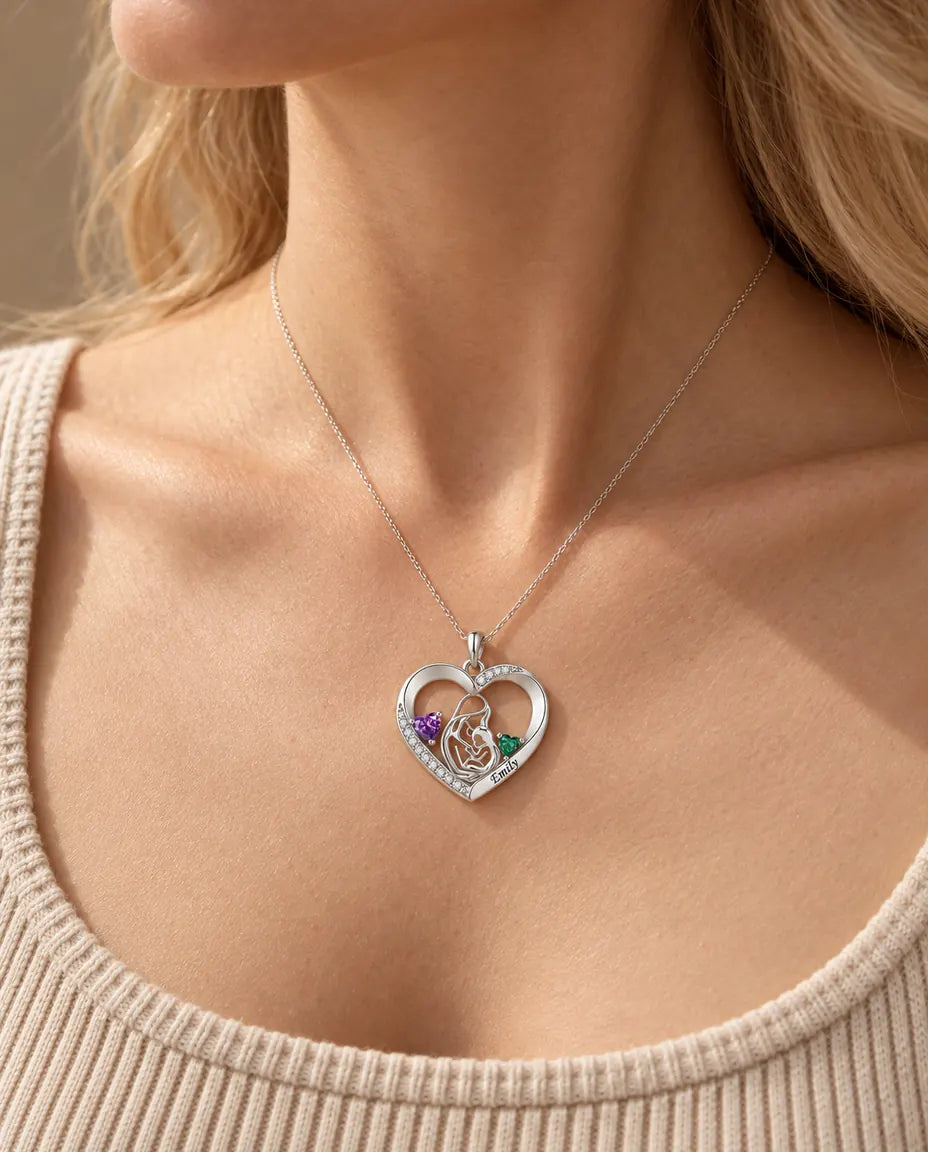 Collana Madre e Figlio Personalizzata con Nome - ciondolo cuore con due pietre portafortuna, rodiata