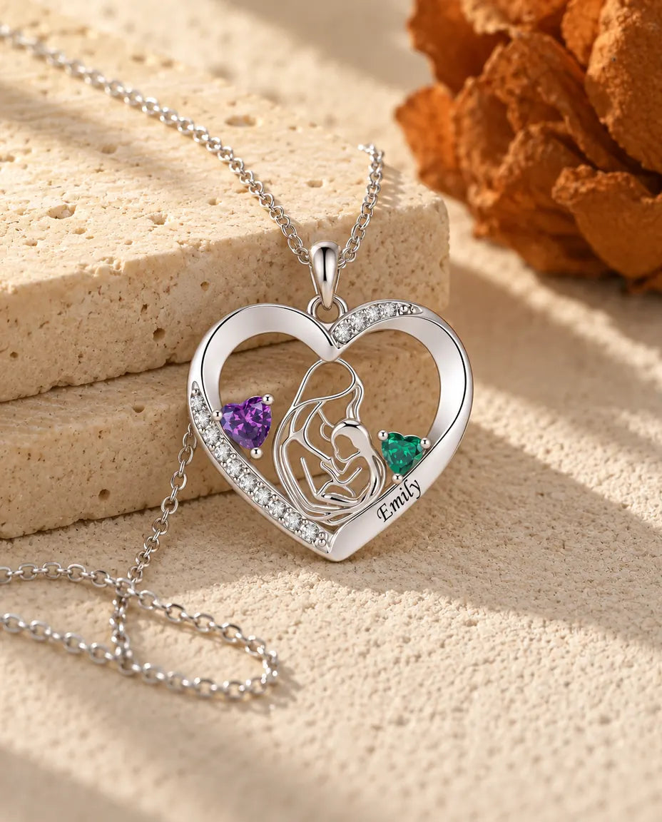 Collana Madre e Figlio Personalizzata con Nome - ciondolo cuore con due pietre portafortuna, rodiata