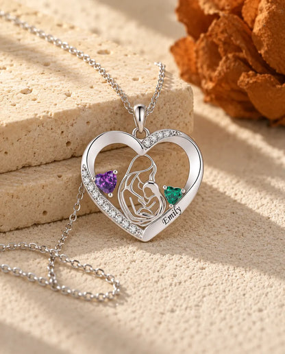 Collana Madre e Figlio Personalizzata con Nome - ciondolo cuore con due pietre portafortuna, rodiata