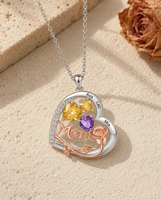Collana Mamma Personalizzata a Cuore con Rosa - disteso in piano