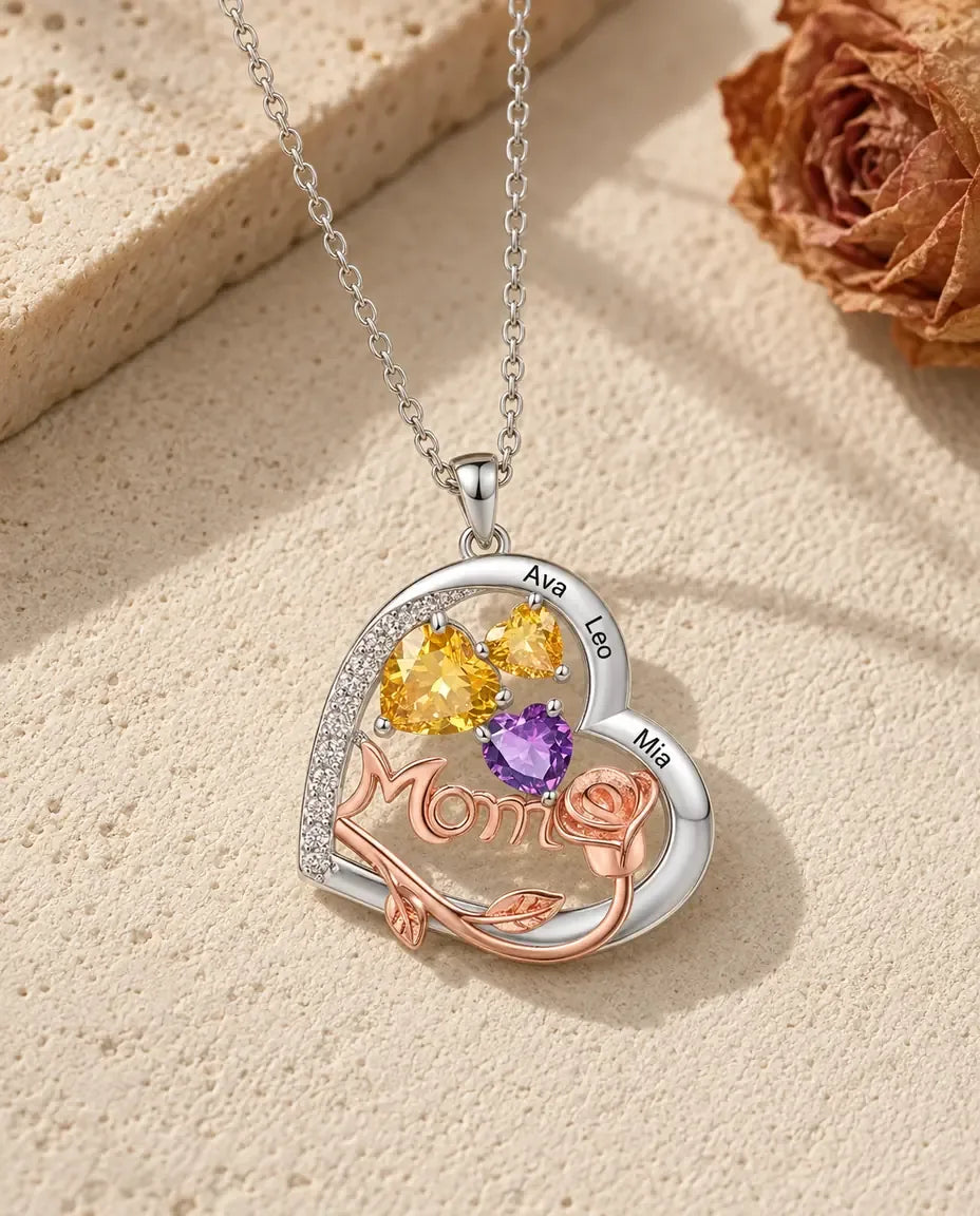 Collana Mamma Personalizzata a Cuore con Rosa - disteso in piano