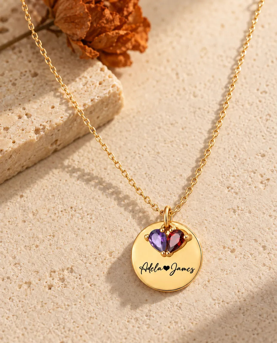Collana Personalizzata con 2 Pietre e 2 Nomi - medaglia dorata incisa con due pietre taglio goccia
