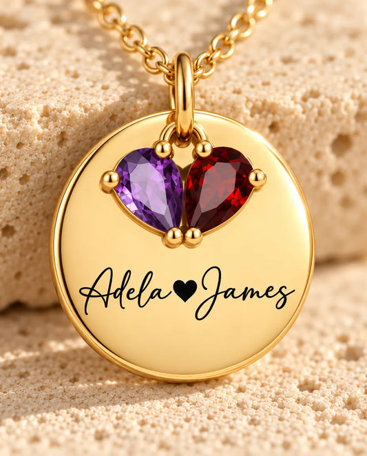 Collana Personalizzata con 2 Pietre e 2 Nomi - medaglia dorata incisa con due pietre taglio goccia