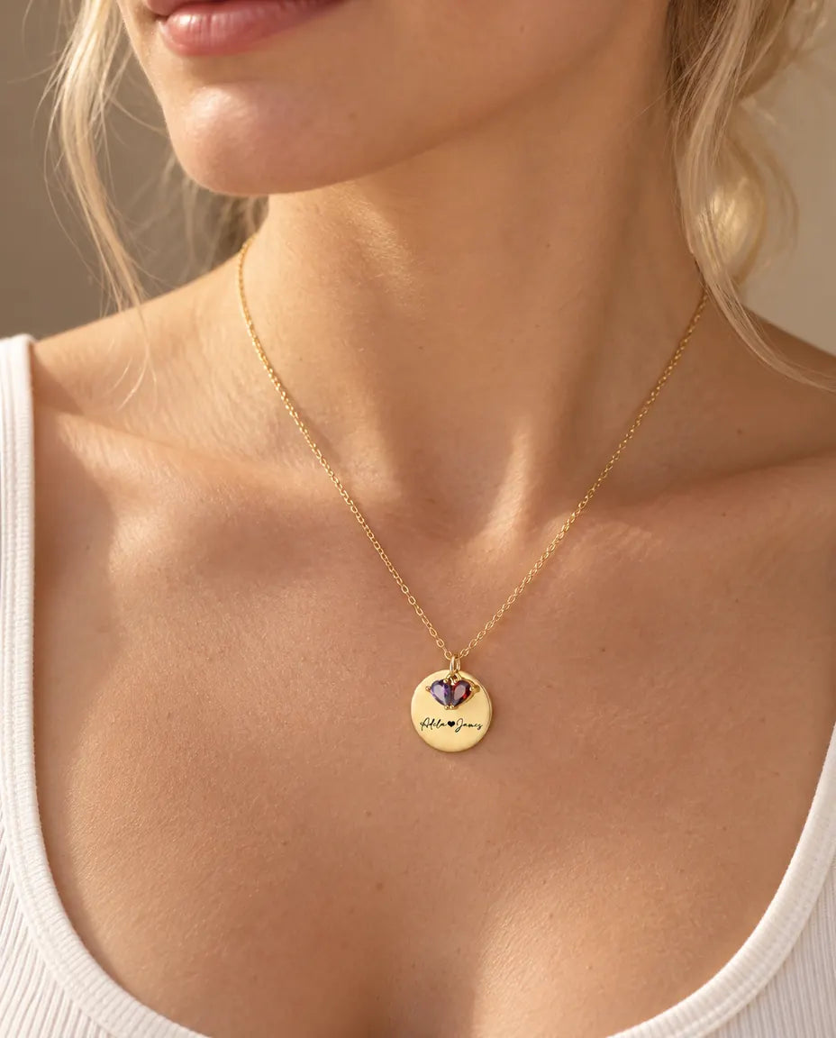 Collana Personalizzata con 2 Pietre e 2 Nomi - medaglia dorata incisa con due pietre taglio goccia