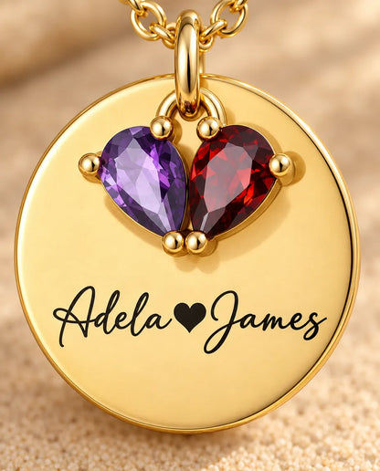 Collana Personalizzata con 2 Pietre e 2 Nomi - medaglia dorata incisa con due pietre taglio goccia