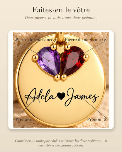 Collana Personalizzata con 2 Pietre e 2 Nomi - medaglia dorata incisa con due pietre taglio goccia