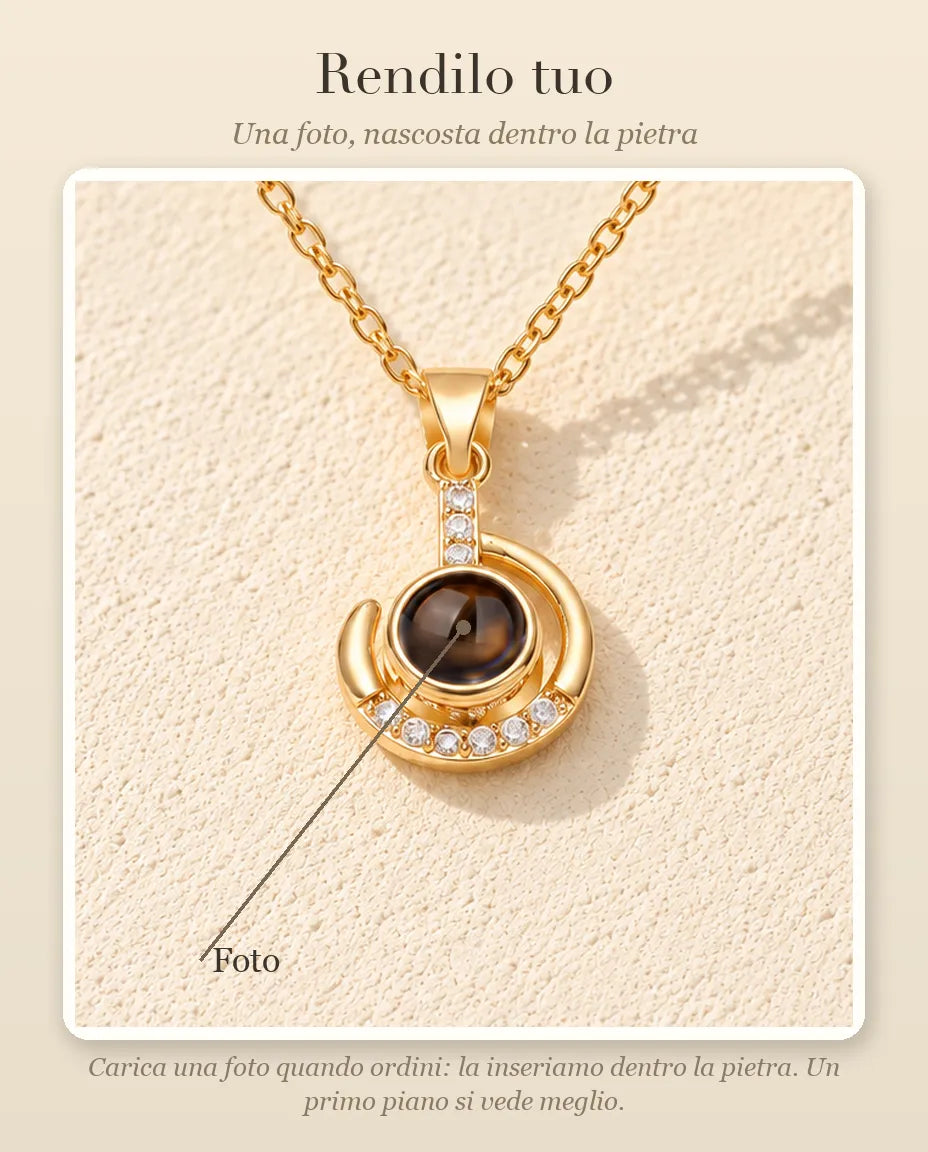 Guida alla personalizzazione: dove va la tua foto dentro la pietra della collana a mezzaluna