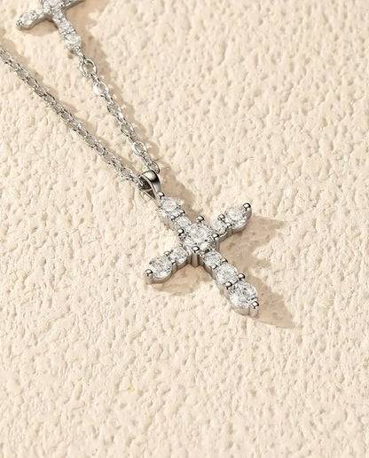 Collana in moissanite doppia croce - pendente a croce pavé e croce orizzontale sulla catena, argento 925, 40+5 cm