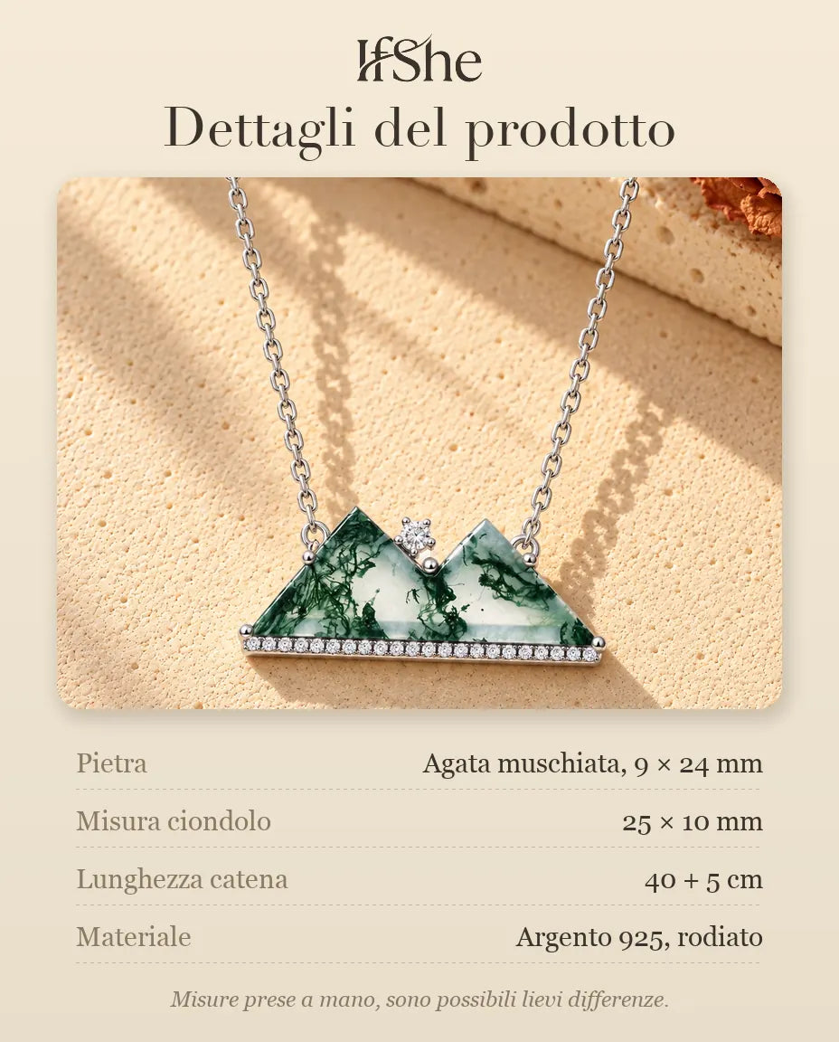 Collana Montagna Agata Muschiata in Argento 925 - dettagli del prodotto: pietre, misura del ciondolo, lunghezza della catena e materiale