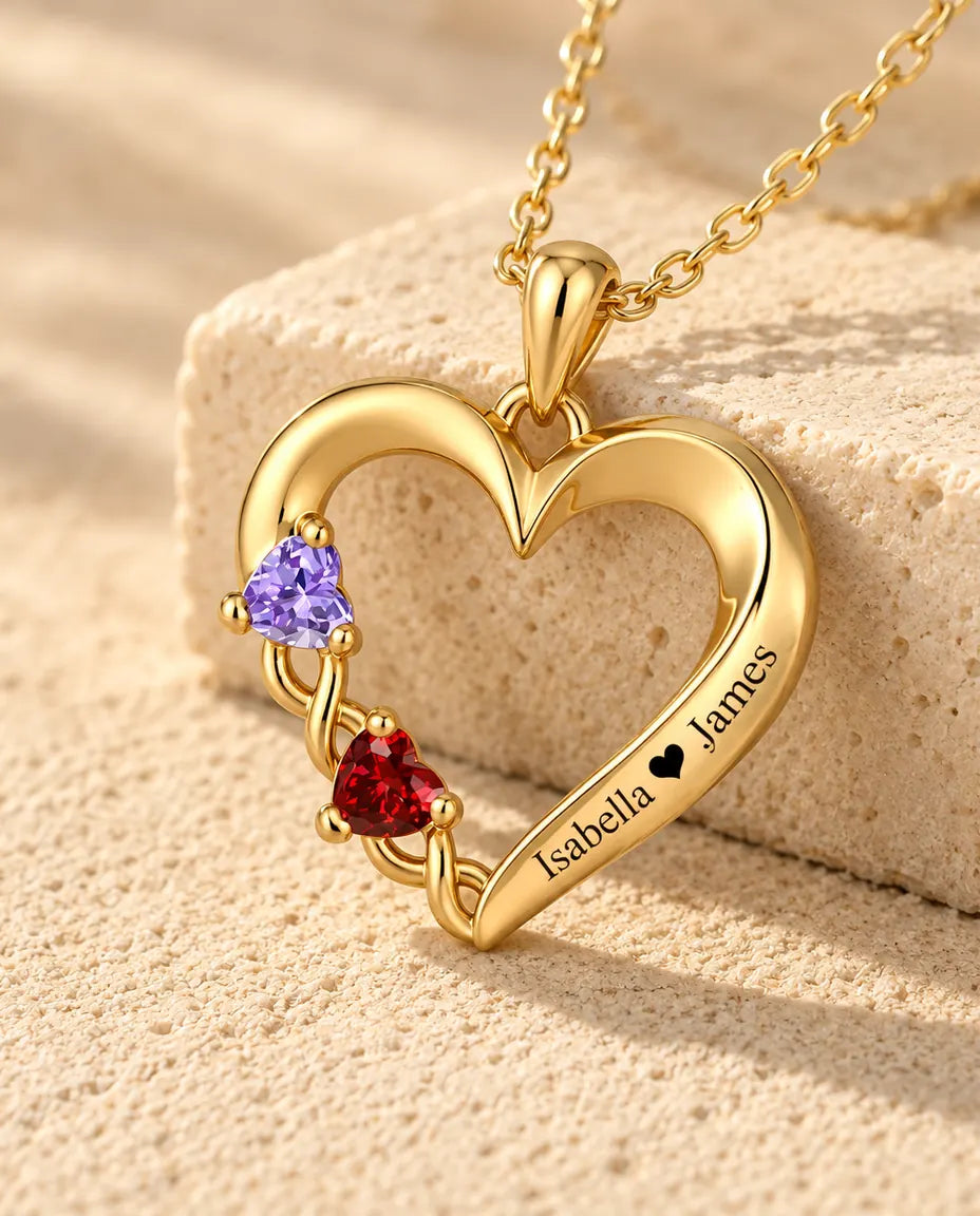 Collana Personalizzata con 2 Pietre e 2 Nomi - cuore aperto dorato con due pietre taglio cuore