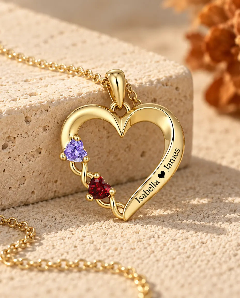 Collana Personalizzata con 2 Pietre e 2 Nomi - cuore aperto dorato con due pietre taglio cuore