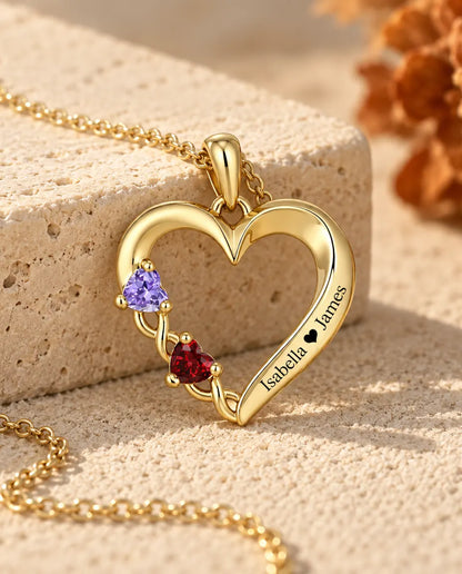 Collana Personalizzata con 2 Pietre e 2 Nomi - cuore aperto dorato con due pietre taglio cuore