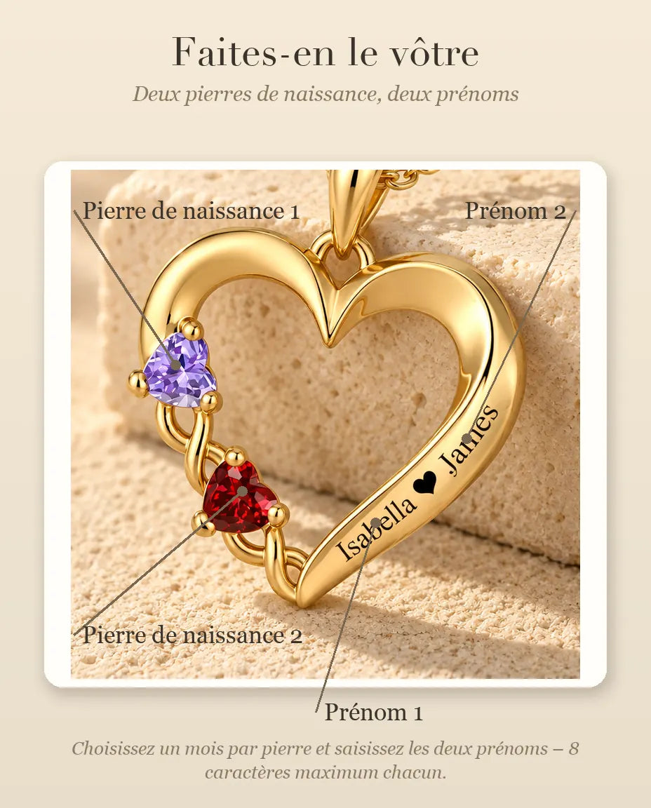Collana Personalizzata con 2 Pietre e 2 Nomi - cuore aperto dorato con due pietre taglio cuore