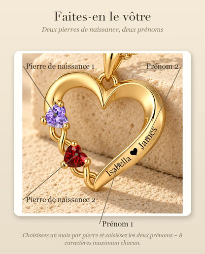 Collana Personalizzata con 2 Pietre e 2 Nomi - cuore aperto dorato con due pietre taglio cuore
