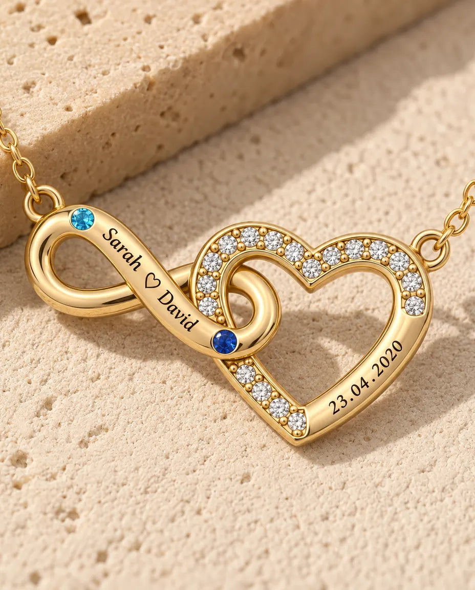 Collana Personalizzata con 2 Nomi e Data - cuore infinito dorato con due pietre portafortuna