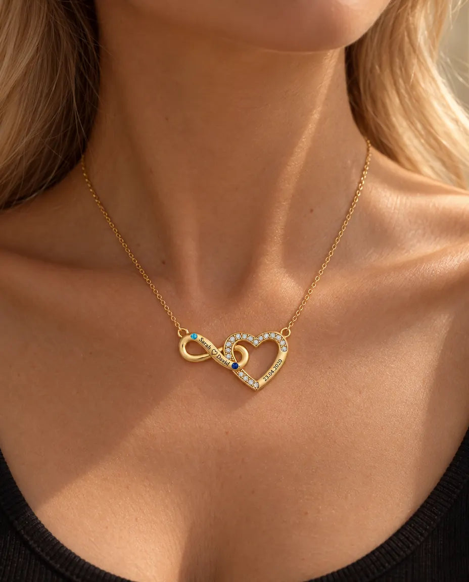 Collana Personalizzata con 2 Nomi e Data - cuore infinito dorato con due pietre portafortuna