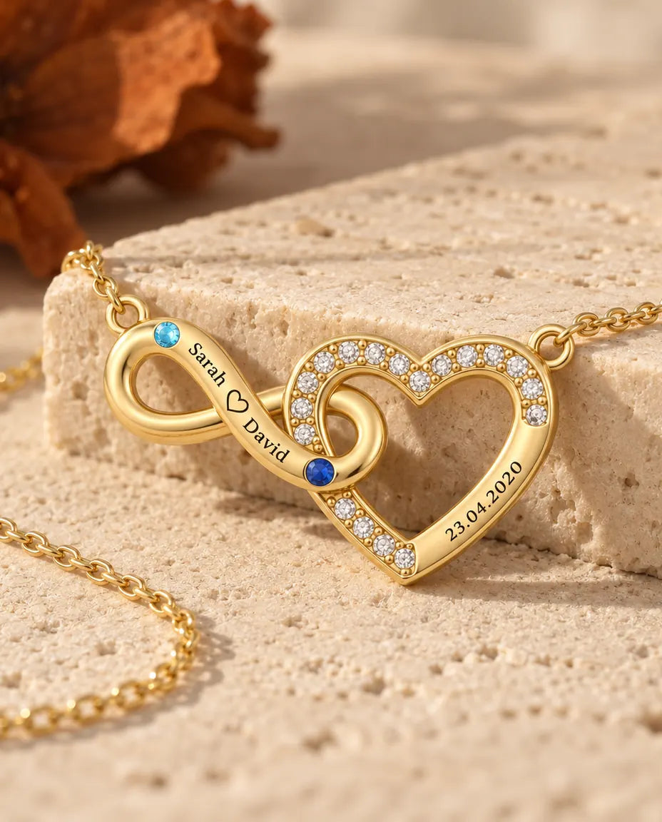 Collana Personalizzata con 2 Nomi e Data - cuore infinito dorato con due pietre portafortuna