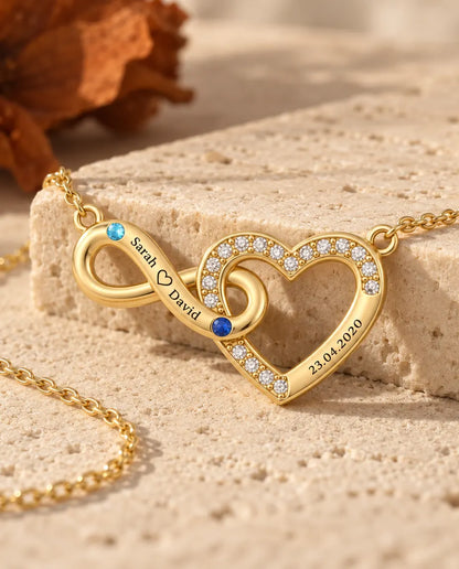 Collana Personalizzata con 2 Nomi e Data - cuore infinito dorato con due pietre portafortuna