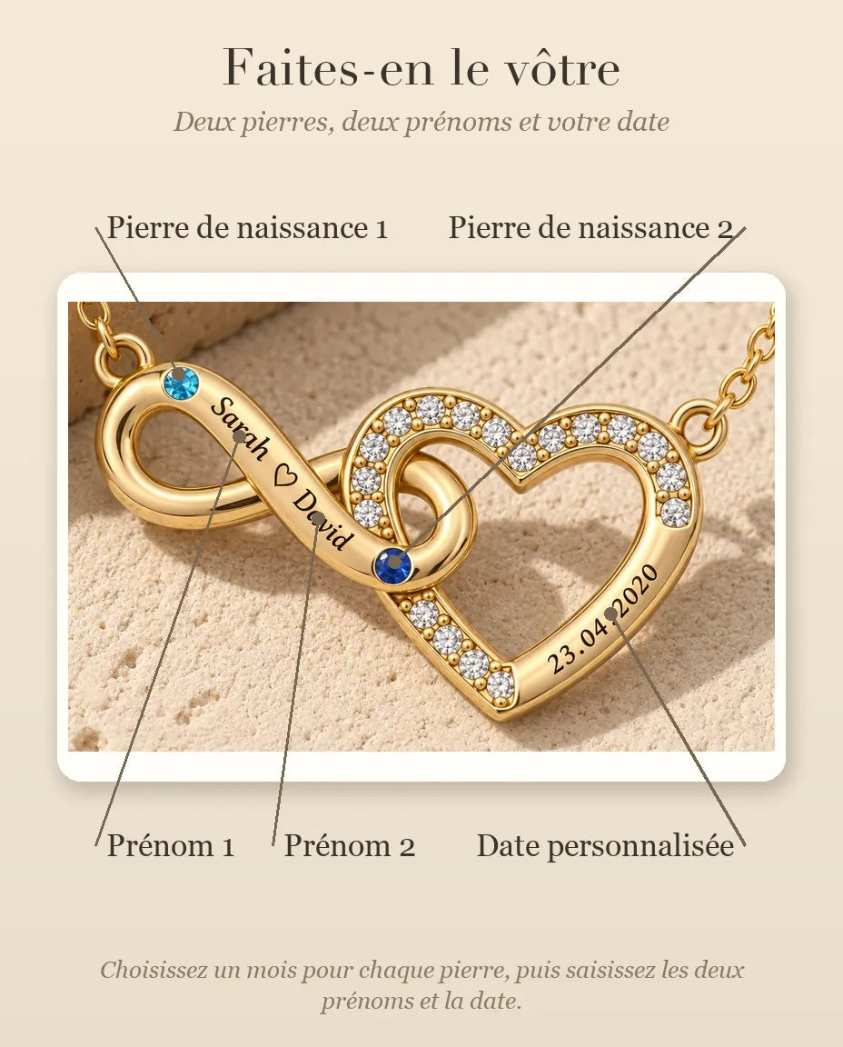 Collana Personalizzata con 2 Nomi e Data - cuore infinito dorato con due pietre portafortuna