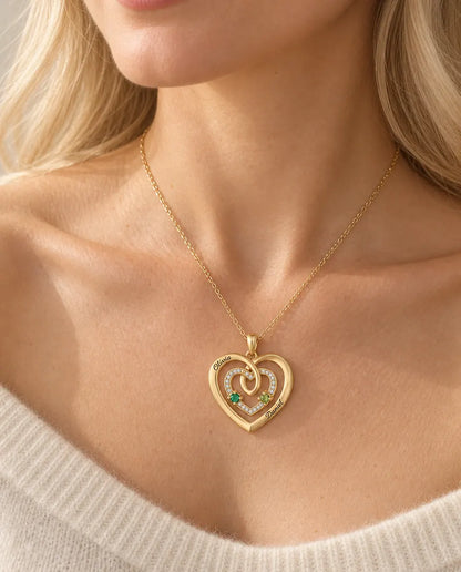 Collana Personalizzata con 2 Pietre e 2 Nomi - triplo cuore dorato con due pietre portafortuna