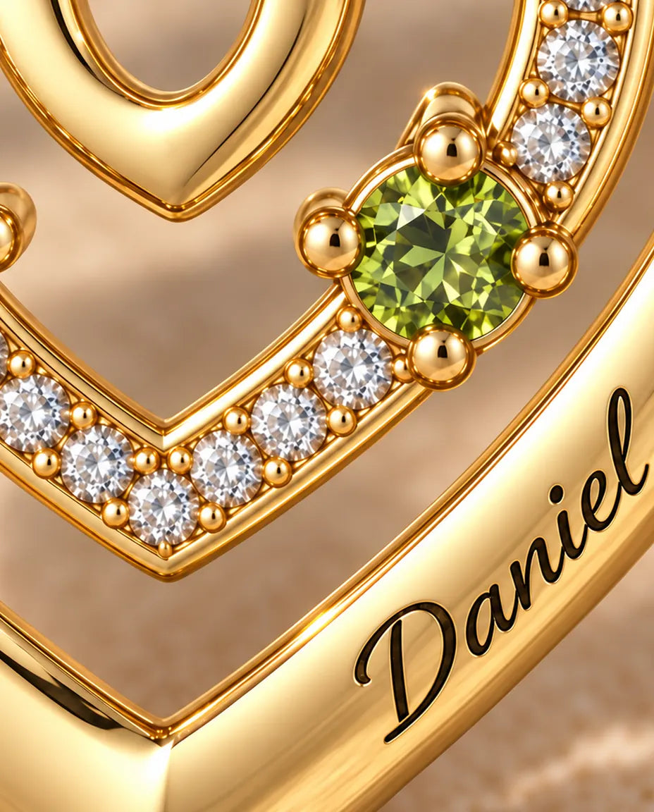 Collana Personalizzata con 2 Pietre e 2 Nomi - triplo cuore dorato con due pietre portafortuna