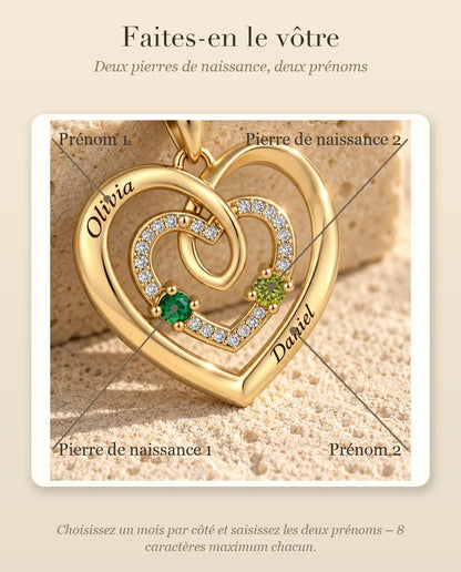 Collana Personalizzata con 2 Pietre e 2 Nomi - triplo cuore dorato con due pietre portafortuna