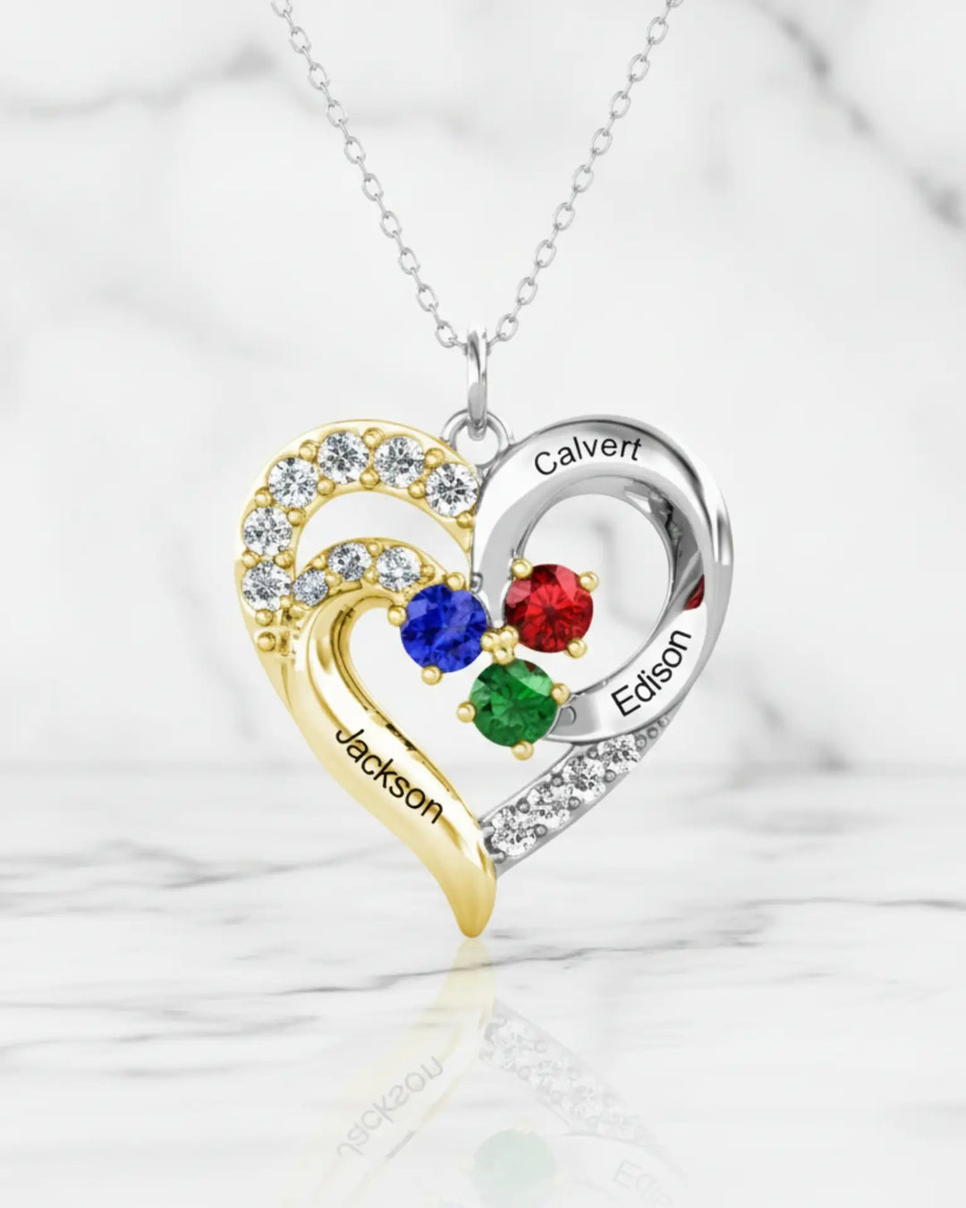 Collana Personalizzata Cuore Bicolore in Argento 925 – Fino a 5 Nomi Incisi e Pietre di Nascita
