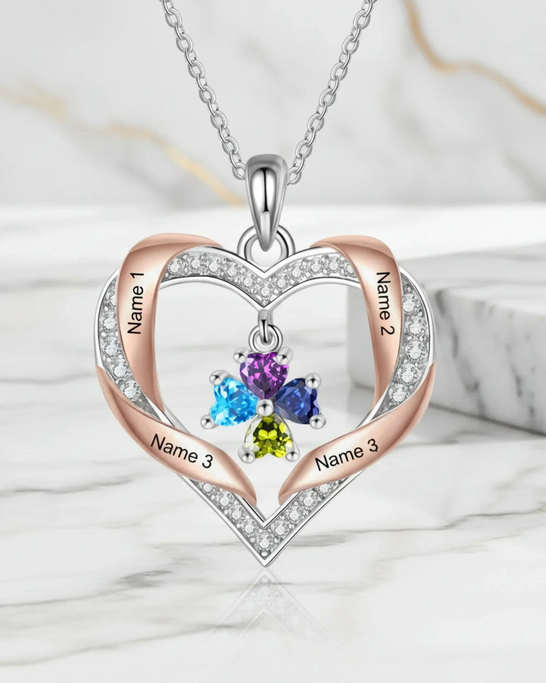 Collana Personalizzata Cuore Famiglia – da 2 a 4 Nomi Incisi e Pietre di Nascita, Placcata Oro Bianco
