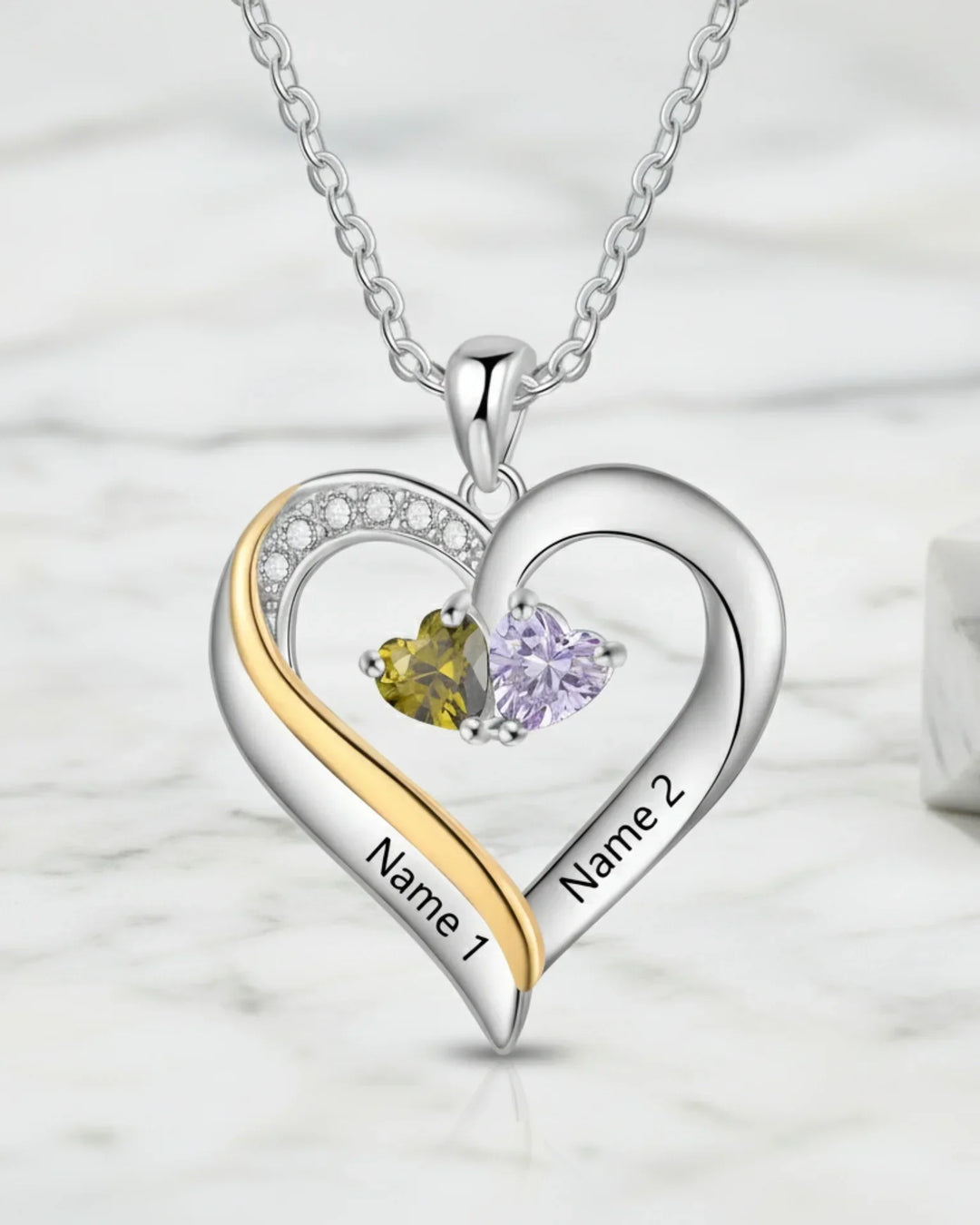 Collana Personalizzata in Argento 925 – Cuore Inciso con 2 Nomi e Pietre di Nascita