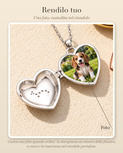 Guida alla personalizzazione: dove va la tua foto dentro il ciondolo portafoto a cuore con cagnolino