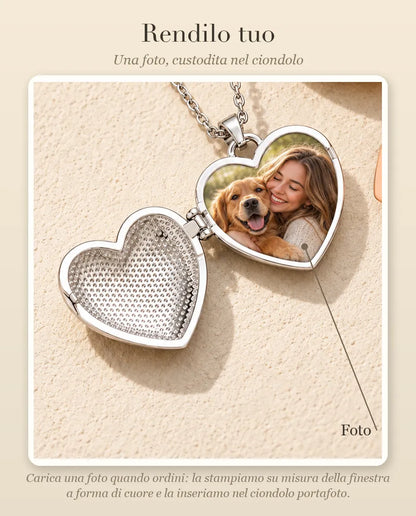 Guida alla personalizzazione: dove va la tua foto dentro il ciondolo portafoto a cuore Donna e Cane