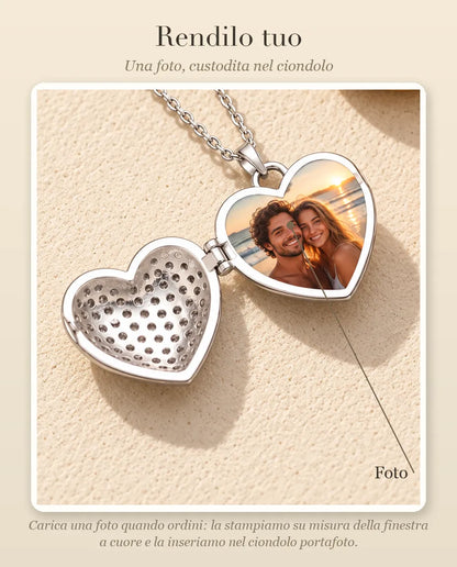 Guida alla personalizzazione: dove va la tua foto dentro il ciondolo portafoto a cuore pavé
