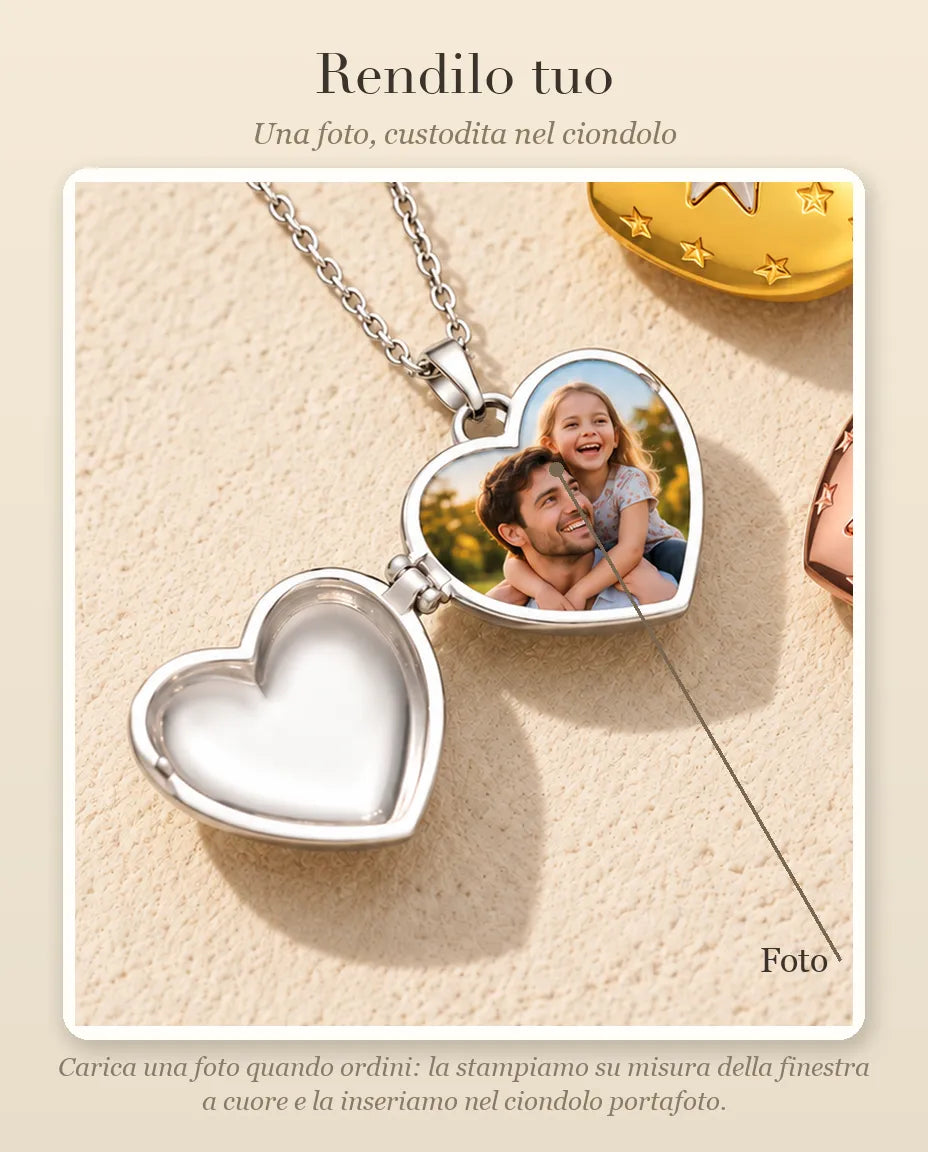 Guida alla personalizzazione: dove va la tua foto dentro il ciondolo portafoto a cuore con stella polare