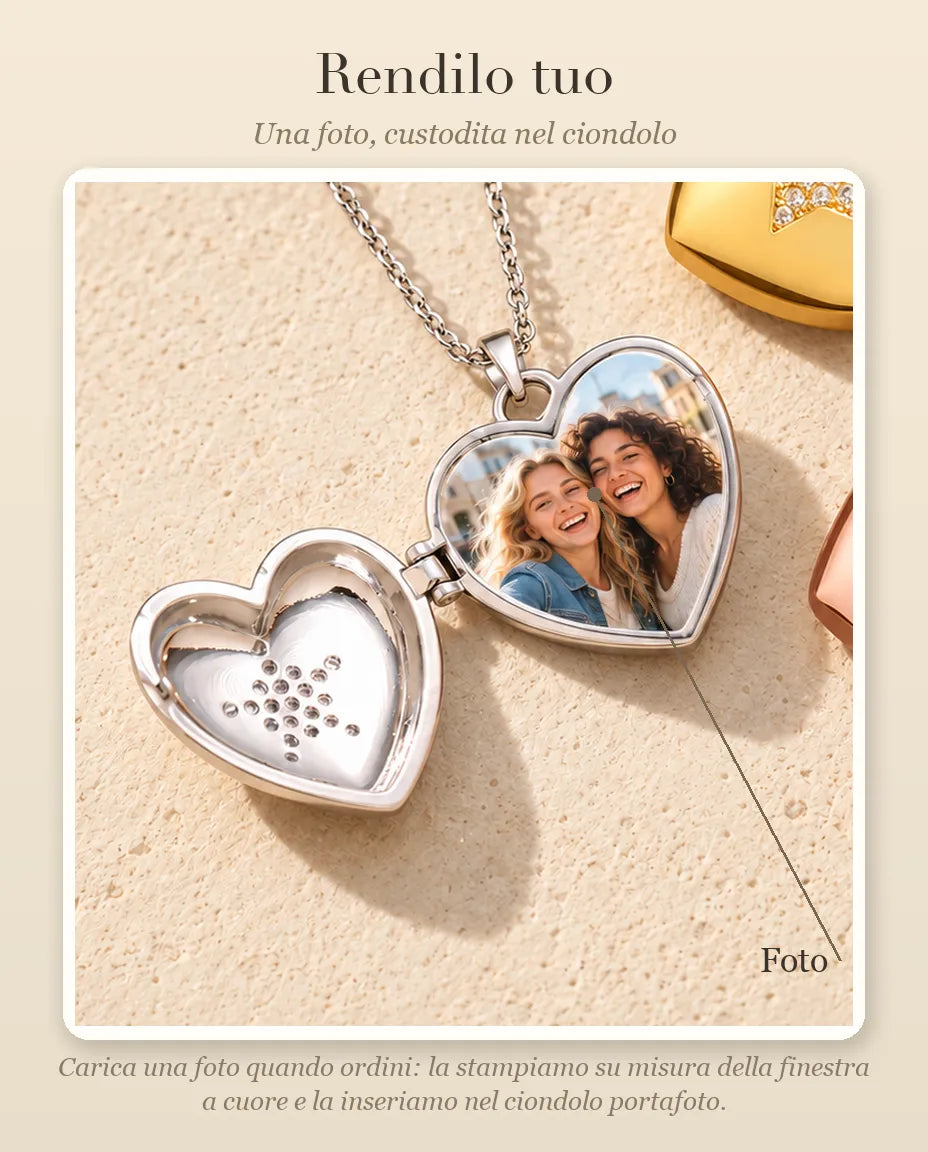 Guida alla personalizzazione: dove va la tua foto dentro il ciondolo portafoto a cuore con stella