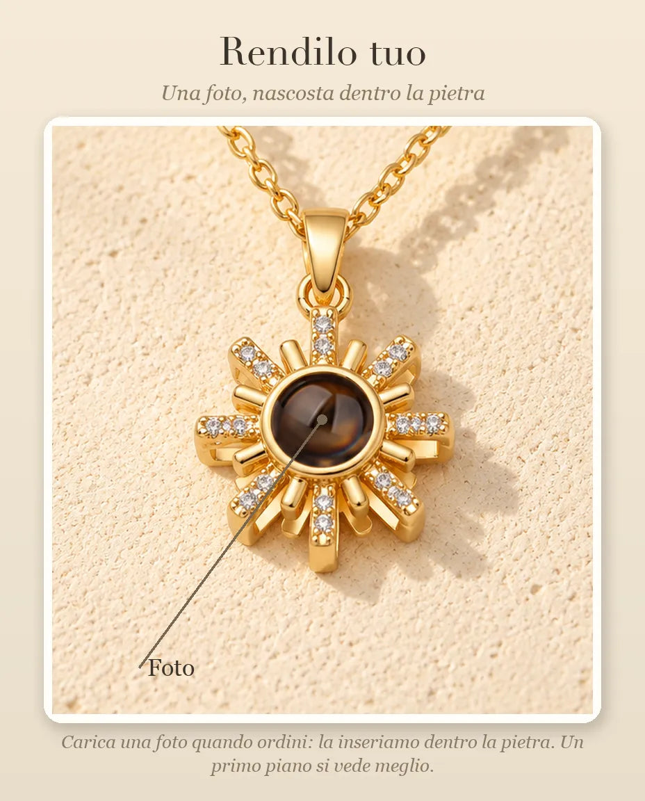 Guida alla personalizzazione: dove va la tua foto dentro la pietra della collana a forma di sole