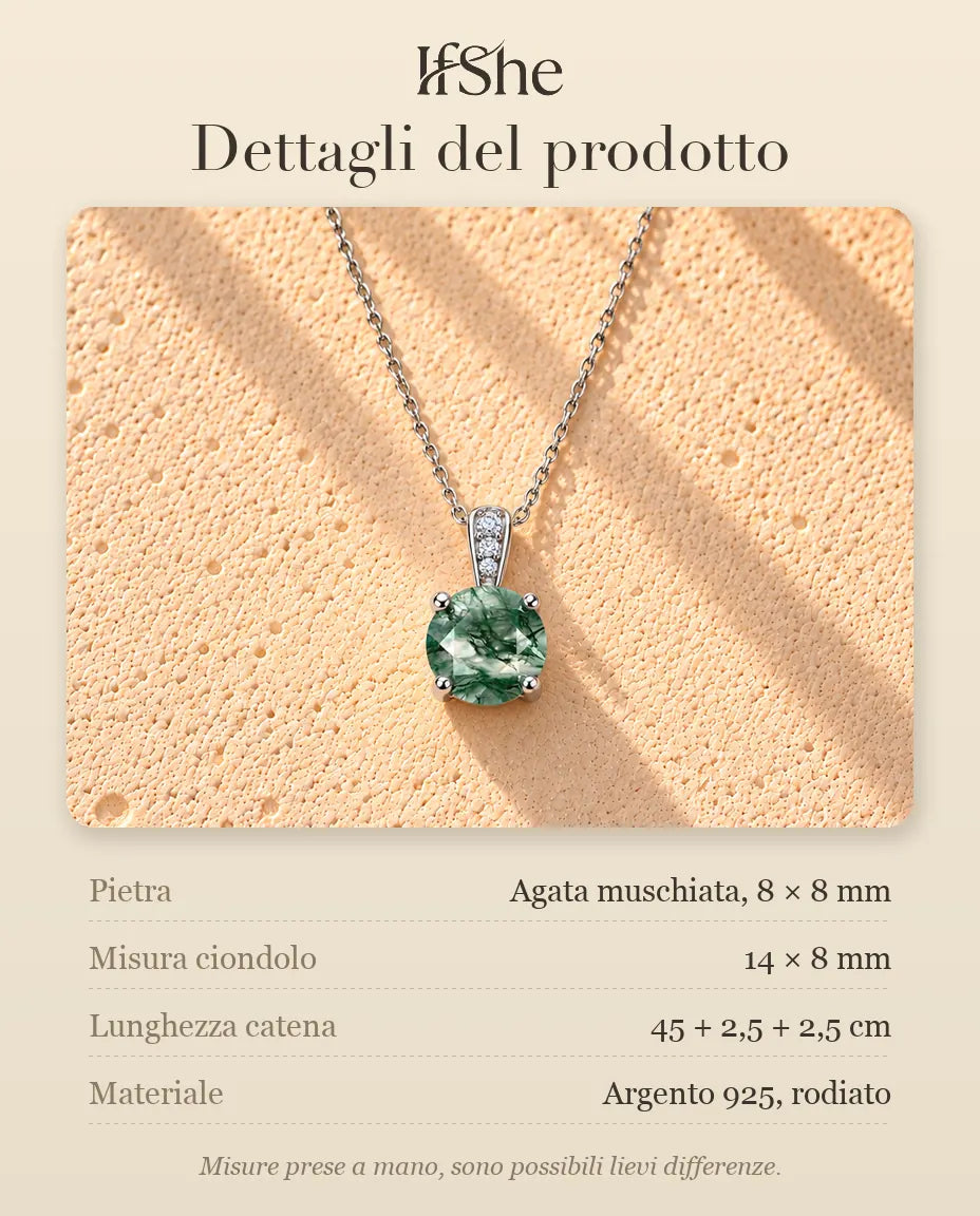 Collana Solitario Agata Muschiata Tonda in Argento 925 - dettagli del prodotto: pietre, misura del ciondolo, lunghezza della catena e materiale