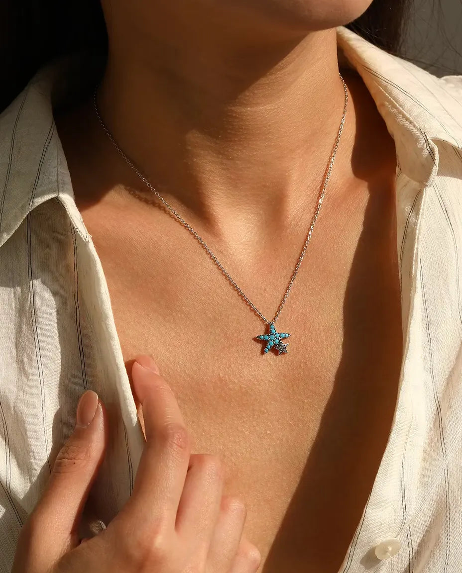 Collana Stella Marina con Turchese - ciondolo 14,5 x 15 mm con stellina, argento 925, 40 + 5 cm