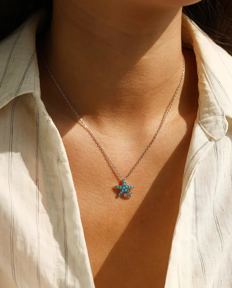 Collana Stella Marina con Turchese - ciondolo 14,5 x 15 mm con stellina, argento 925, 40 + 5 cm