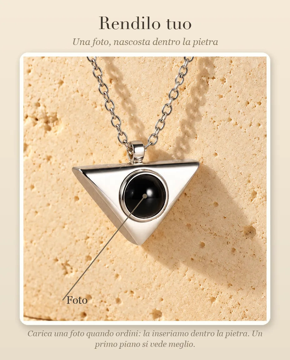 Guida alla personalizzazione: dove va la tua foto dentro la pietra della collana a triangolo