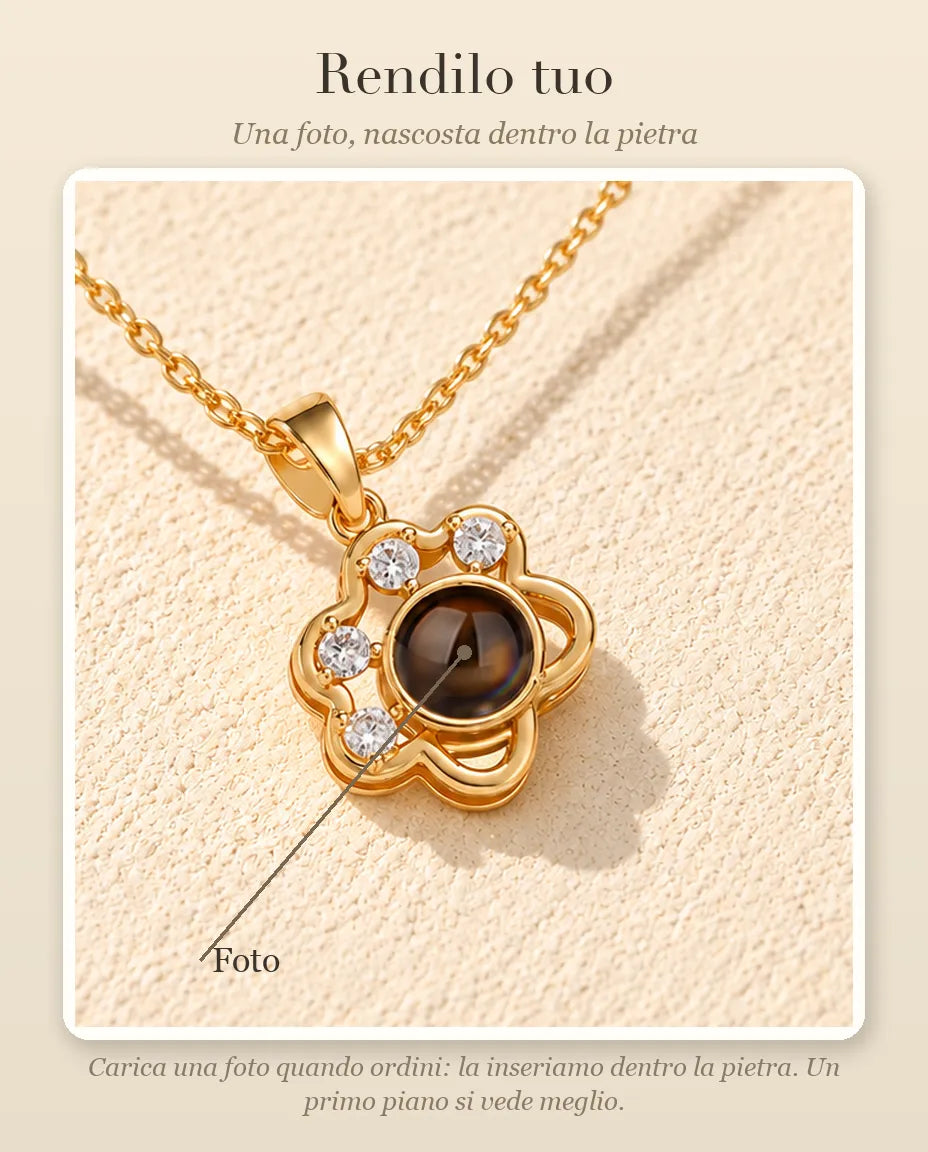 Guida alla personalizzazione: dove va la tua foto dentro la pietra della piccola collana a zampa
