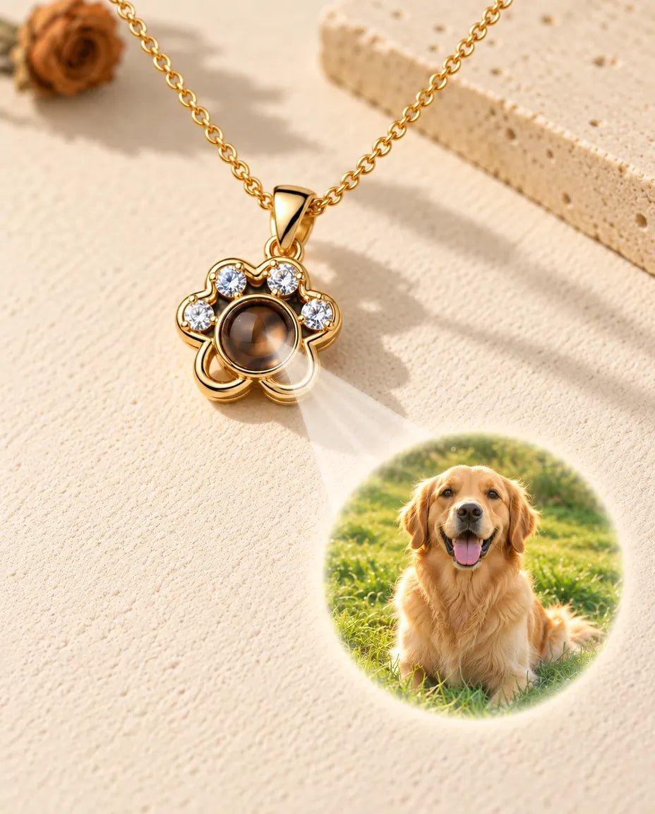 Collana a zampa dorata che proietta sul gesso crema la foto di un golden retriever