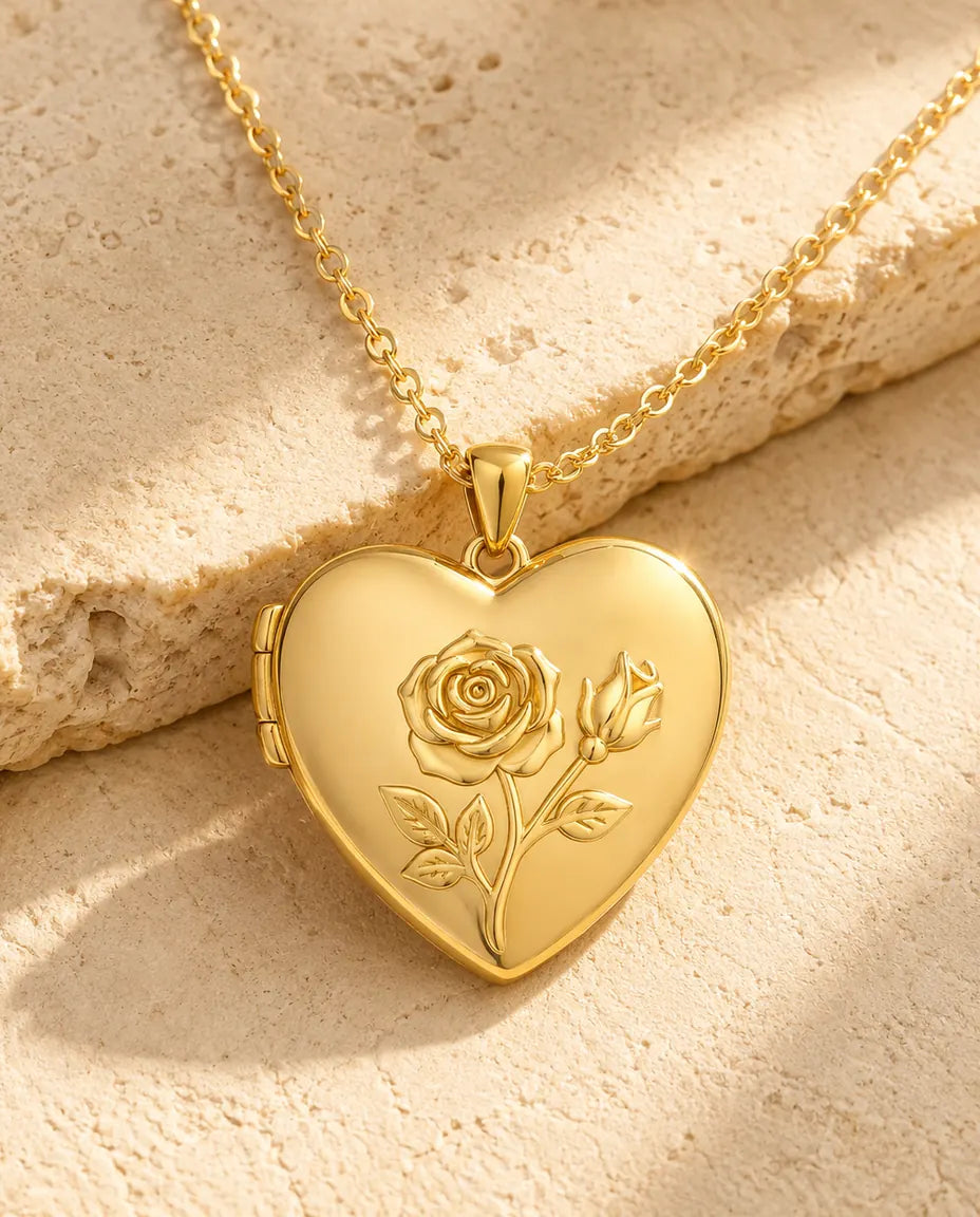 Ciondolo Portafoto a Cuore con 2 Foto - collana portafoto con rosa in rilievo e retro in madreperla, argentato o dorato, catena 50+5 cm