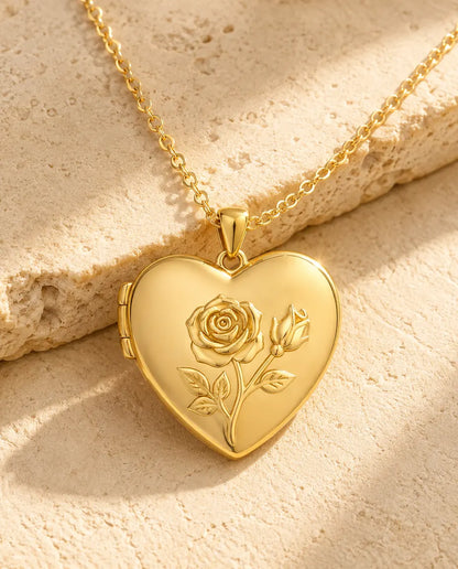 Ciondolo Portafoto a Cuore con 2 Foto - collana portafoto con rosa in rilievo e retro in madreperla, argentato o dorato, catena 50+5 cm