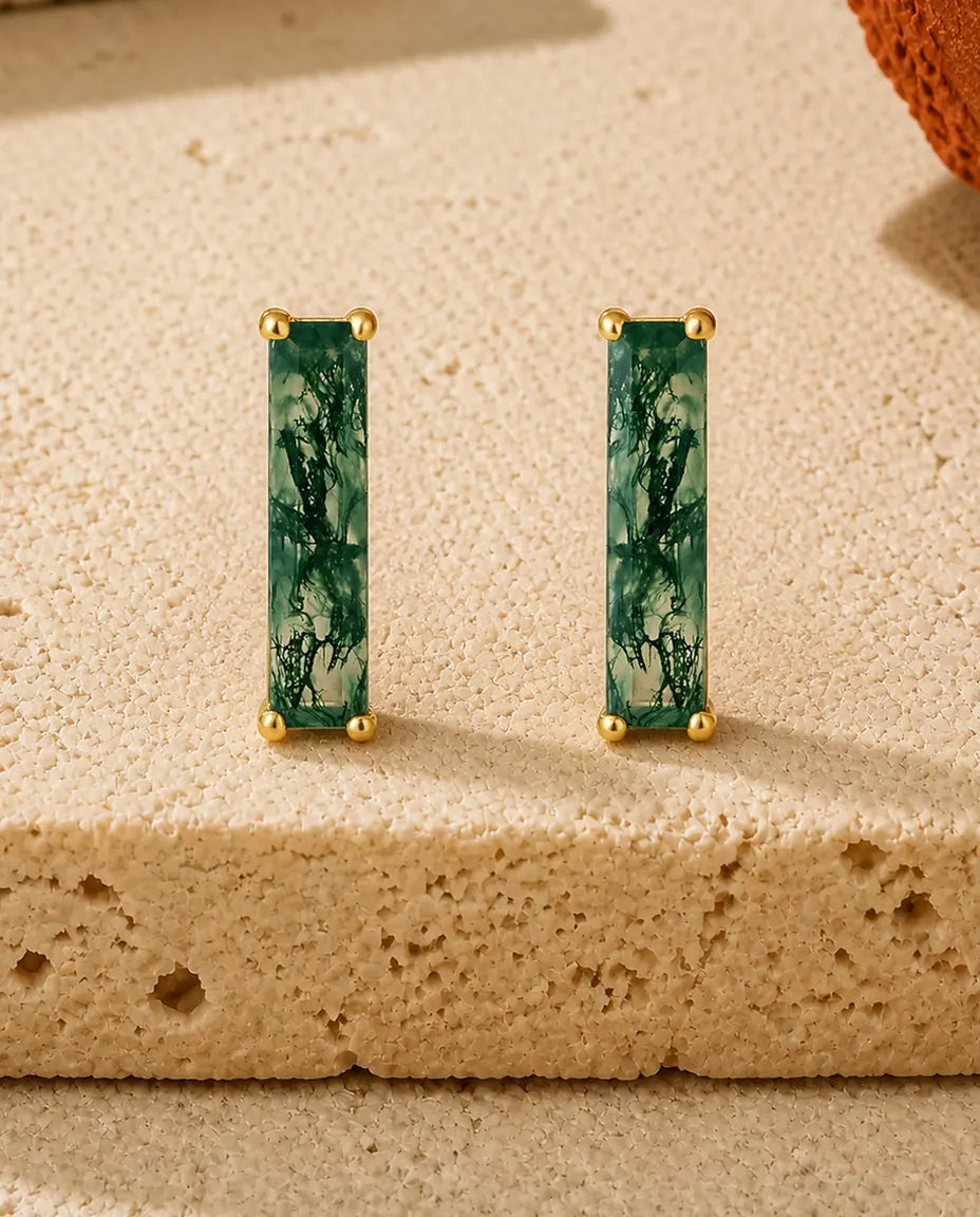 Orecchini in agata muschiata - Barretta lunga di agata muschiata taglio baguette, argento 925 placcato oro 10 carati